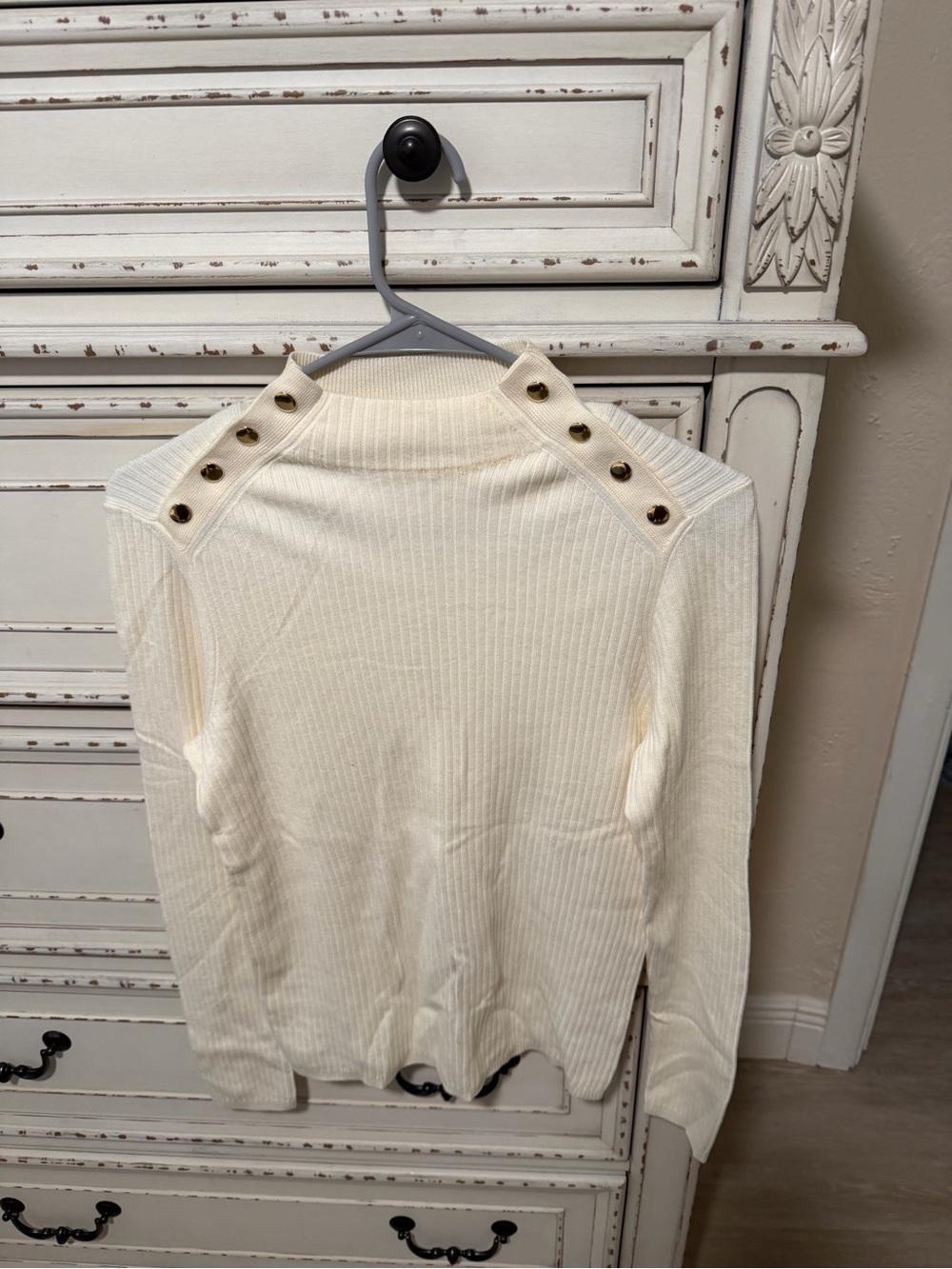 Talbots Cream Ribbed Button-Shoulder Turtleneck Sweater